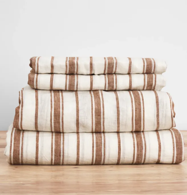 French Flax Linen Sheet Set in Hazelnut Stripe